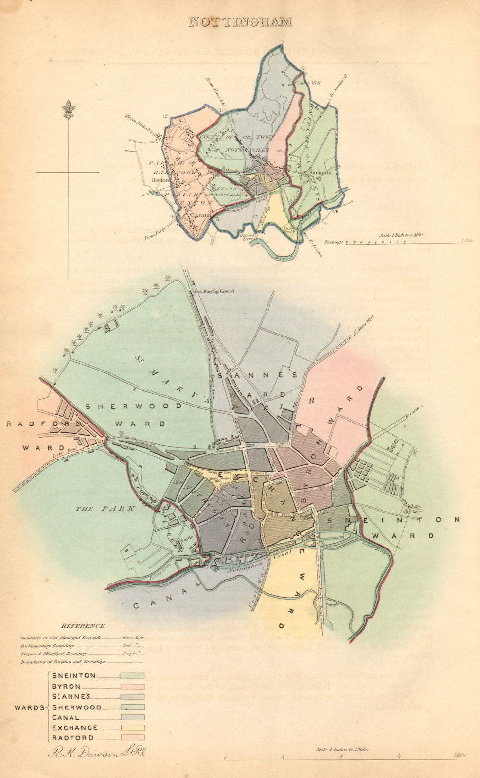 NOTTINGHAM borough/town/city plan. BOUNDARY COMMISSION. DAWSON 1837 old map